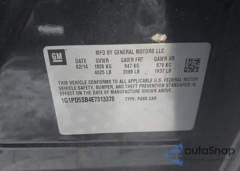 2014 Chevrolet Cruze 1Lt Manual z USA, uszkodzony, nr VIN 1G1PD5SB4E7313378